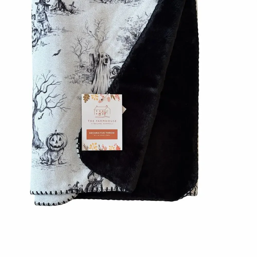 Farmhouse by Rachel Ashwell Halloween Throw 50x70 Bark O Ween Faux Fur Back NEW